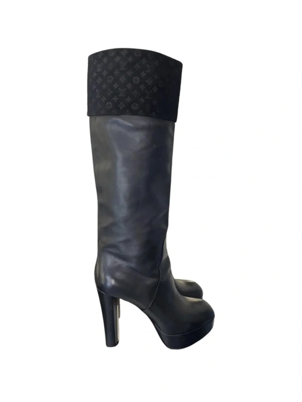 Louis Vuitton Black Leather Platform Over-the-Knee Boots with Monogram Cuff